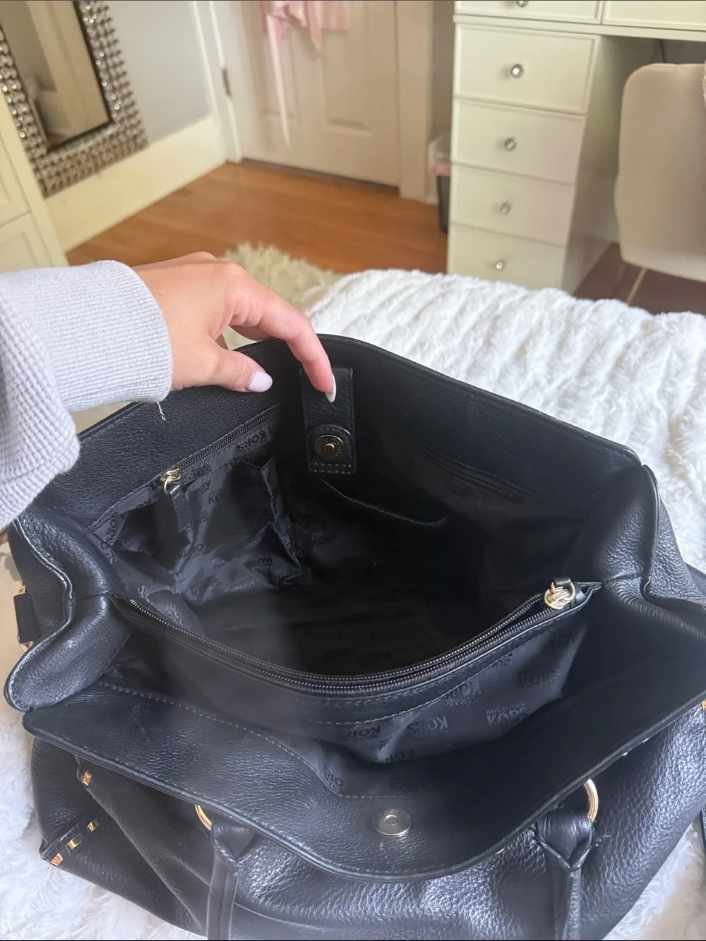 Michael Kors Black Leather Satchel with Gold-Tone Stud Trim - Includes Dust Bag